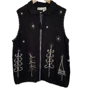 White Stag Women’s Plus Black Silver Gold Winter Holiday Sweater Vest Size 18/20